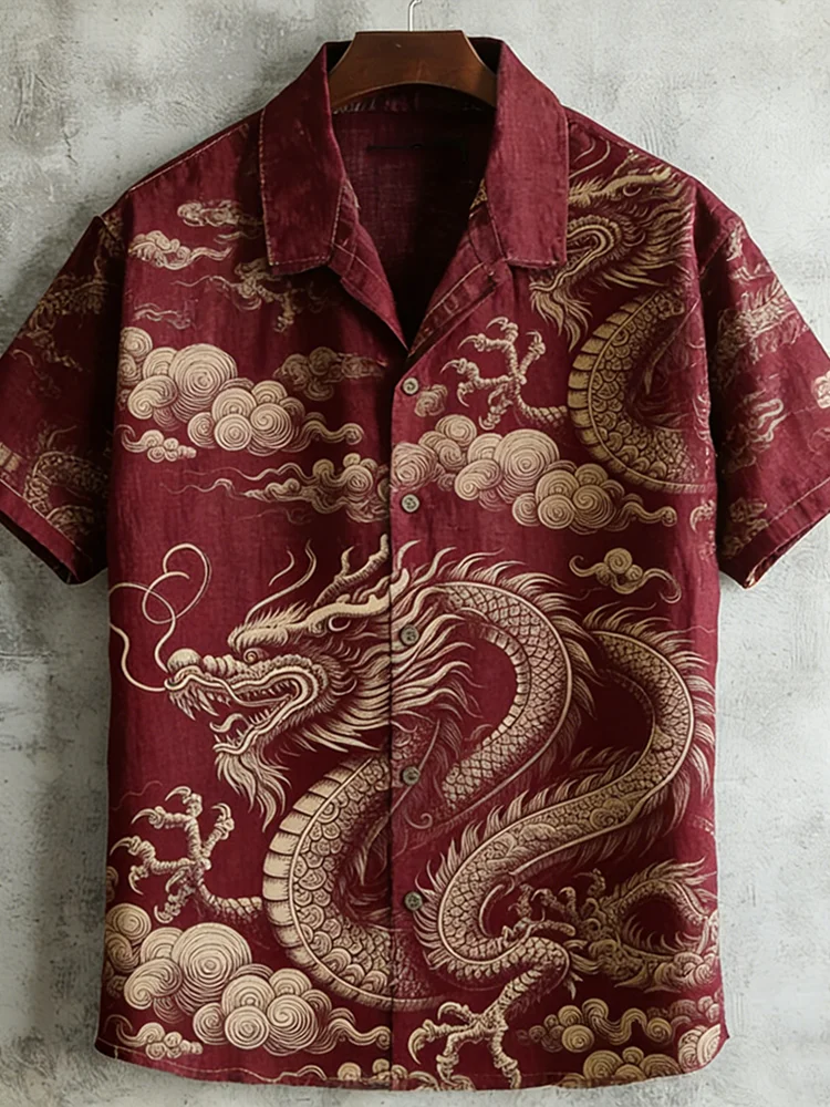 Thewears Premium Japanese Dragon Print Cotton Linen Shirt for Men Vintage Oriental Casual Half Sleeve Designer Summer Fashion Shirt