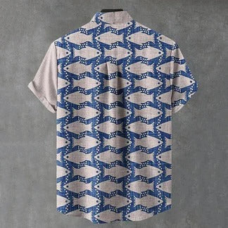 Thewears Premium Coastal Fish Print Cotton Linen Shirt for Men Casual Mandarin Collar Half Sleeve Beach Vacation Summer Designer Shirt