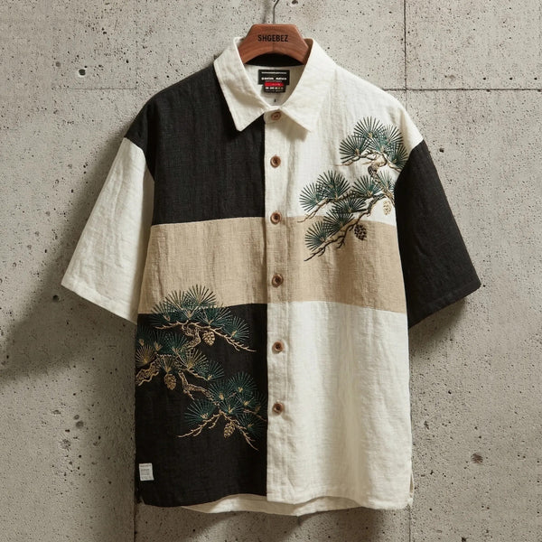 Thewears Japanese Pine Tree Patchwork Cotton Linen Shirt for Men Vintage Oriental Nature Print Casual Button Down Summer Short Sleeve Shirt