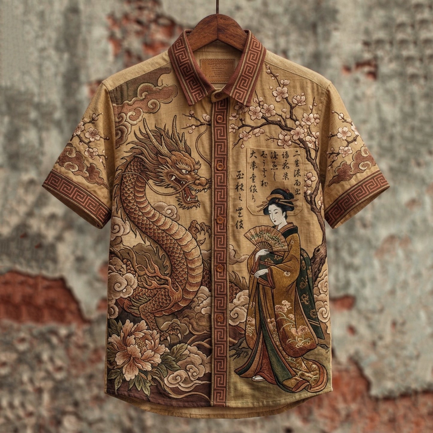 Thewears Vintage Japanese Dragon & Geisha Art Print Cotton Linen Shirt for Men Oriental Heritage Casual Half Sleeve Button Down Summer Fashion Shirt