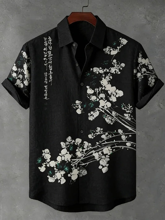 Thewears Vintage Black Sakura Blossom Print Shirt for Men Japanese Floral Art Casual Button Down Summer Short Sleeve Cotton Linen Style Shirt