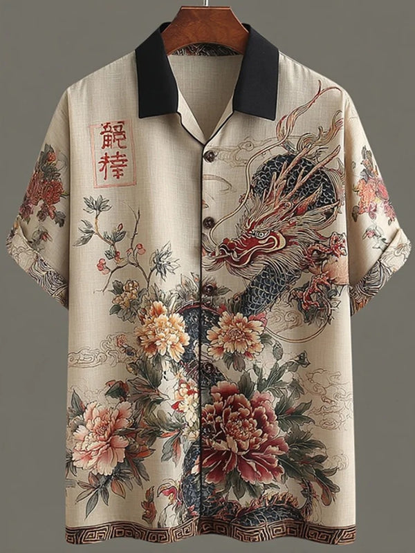Thewears Vintage Japanese Dragon & Peony Floral Print Shirt for Men Oriental Art Inspired Casual Button Down Summer Short Sleeve Cotton Linen Style Shirt