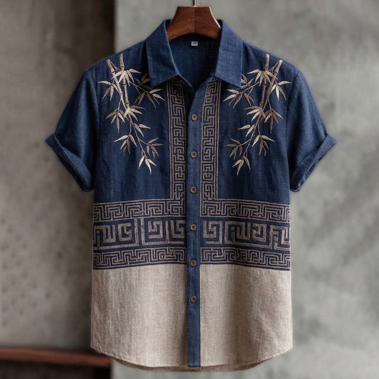 Thewears Premium Bamboo Embroidered Cotton Linen Shirt for Men Japanese Inspired Casual Half Sleeve Designer Summer Shirt