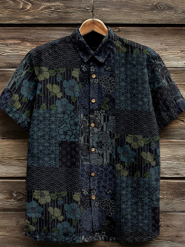 Thewears Premium Japanese Patchwork Pattern Shirt for Men Vintage Cotton Linen Casual Designer Half Sleeve Summer Fashion Shirt