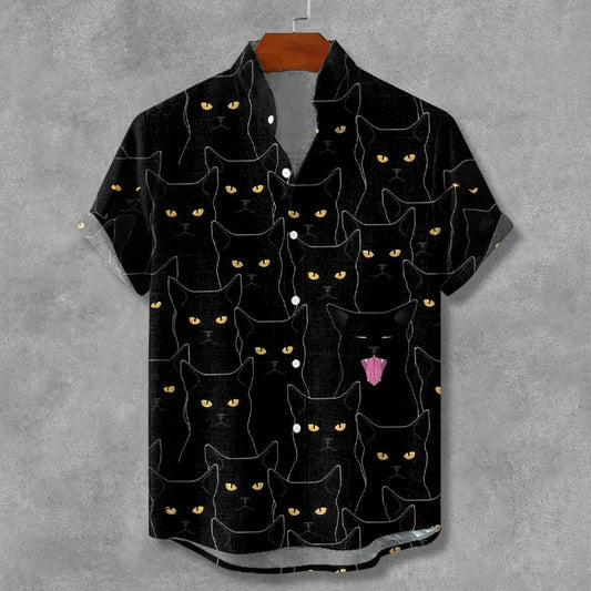 Thewears Vintage Black Sakura Blossom Print Shirt for Men Japanese Floral Art Casual Button Down Summer Short Sleeve Cotton Linen Style Shirt