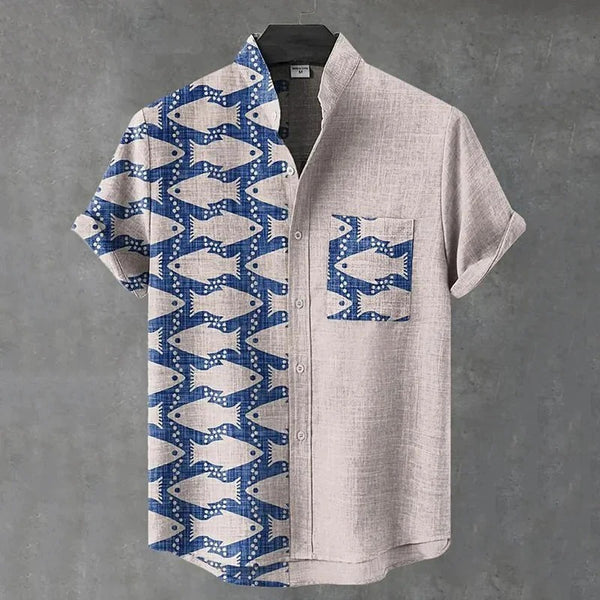 Thewears Premium Coastal Fish Print Cotton Linen Shirt for Men Casual Mandarin Collar Half Sleeve Beach Vacation Summer Designer Shirt