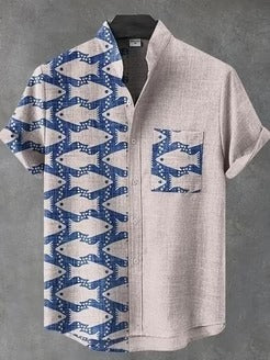 Thewears Premium Coastal Fish Print Cotton Linen Shirt for Men Casual Mandarin Collar Half Sleeve Beach Vacation Summer Designer Shirt