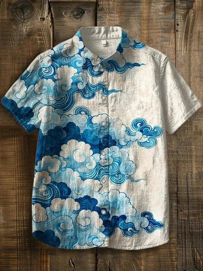 Thewears Premium Japanese Cloud Wave Print Cotton Linen Shirt for Men Casual Mandarin Collar Half Sleeve Summer Beach Designer Shirt