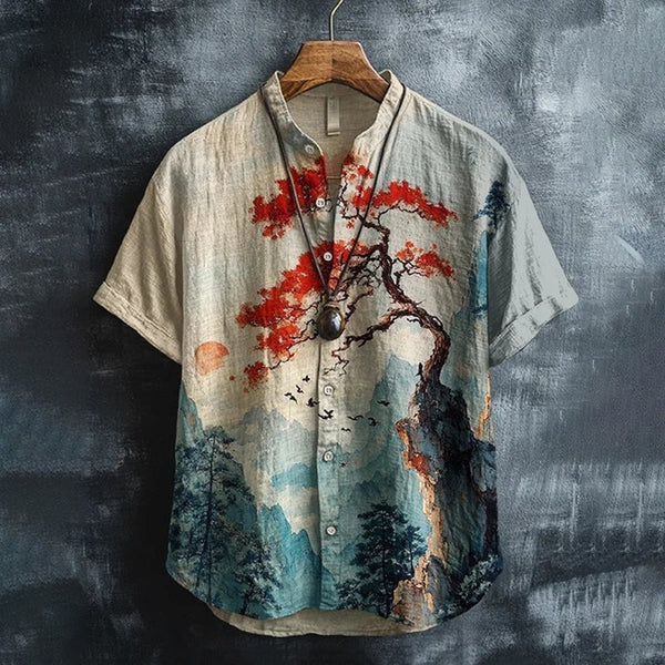 Thewears Premium Chinese Landscape Art Shirt for Men Vintage Cotton Linen Mandarin Collar Casual Half Sleeve Designer Summer Shirt