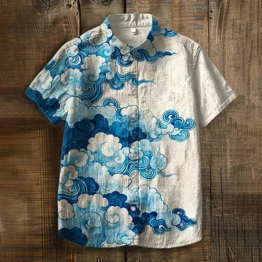 Thewears Premium Japanese Cloud Wave Print Cotton Linen Shirt for Men Casual Mandarin Collar Half Sleeve Summer Beach Designer Shirt